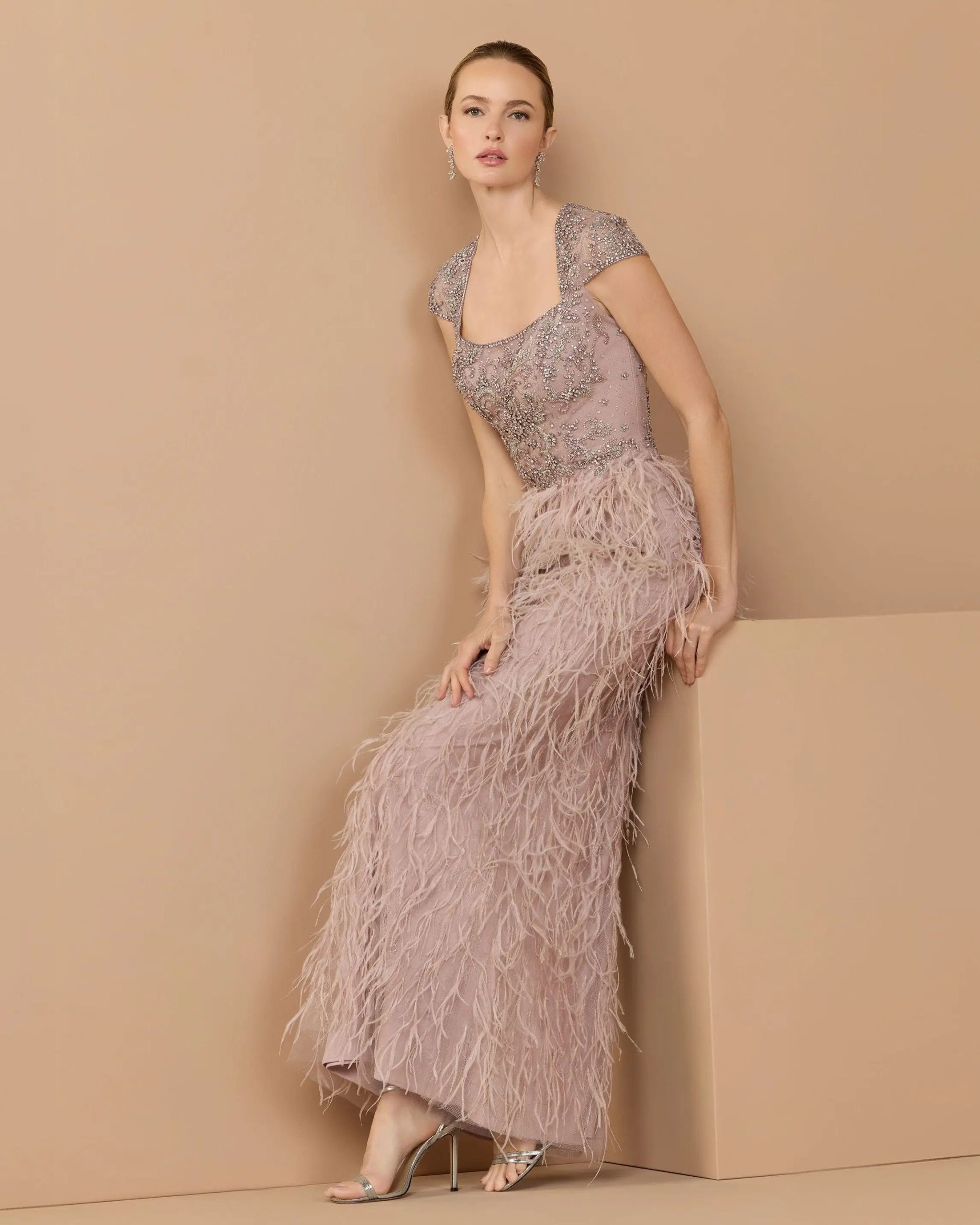 Pink Embellished Cap Sleeve Feather Gown - Image 3