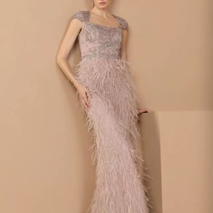 Pink Embellished Cap Sleeve Feather Gown