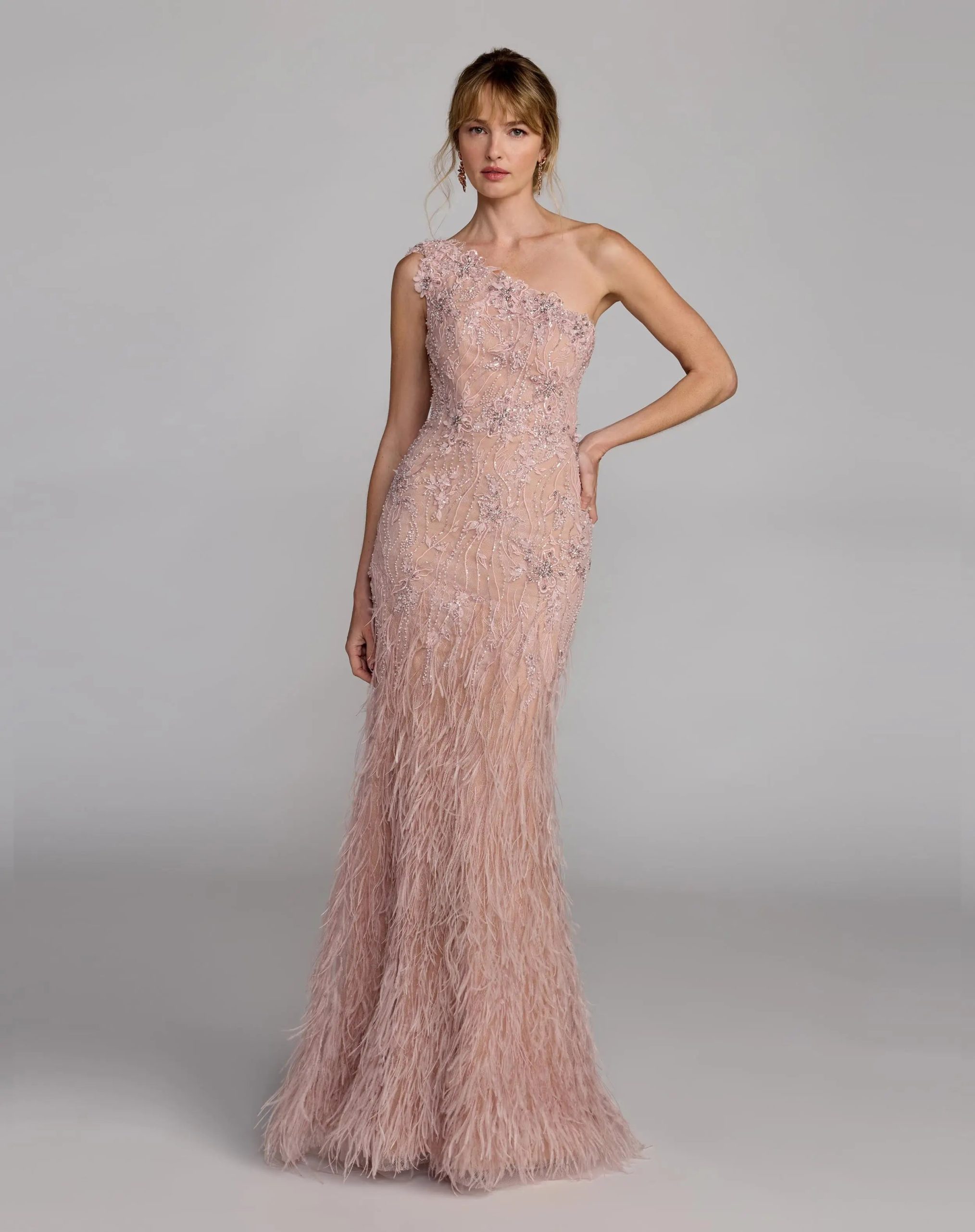 Pink Embellished Lace One Shoulder Feather Gown - Image 4