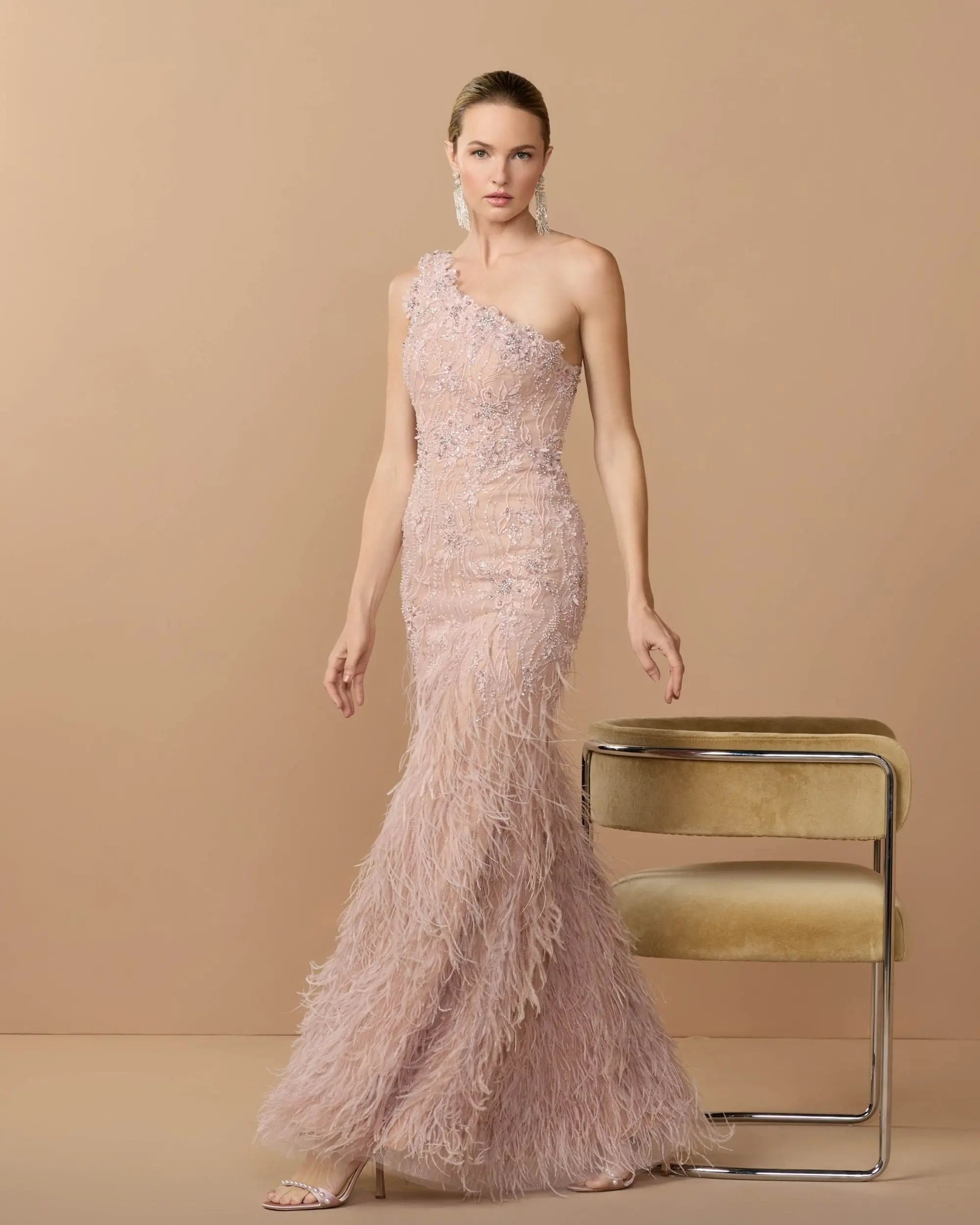 Pink Embellished Lace One Shoulder Feather Gown - Image 3