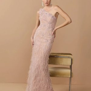 Pink Embellished Lace One Shoulder Feather Gown