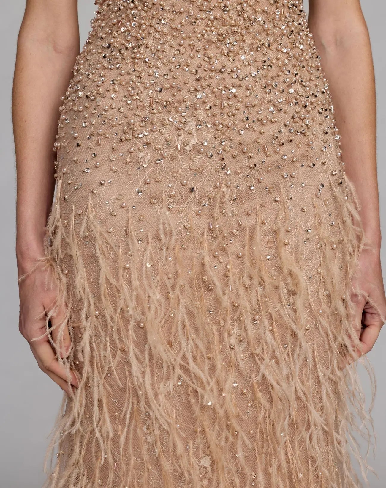 Beige Embellished Lace Sleeveless Feather Gown - Image 6