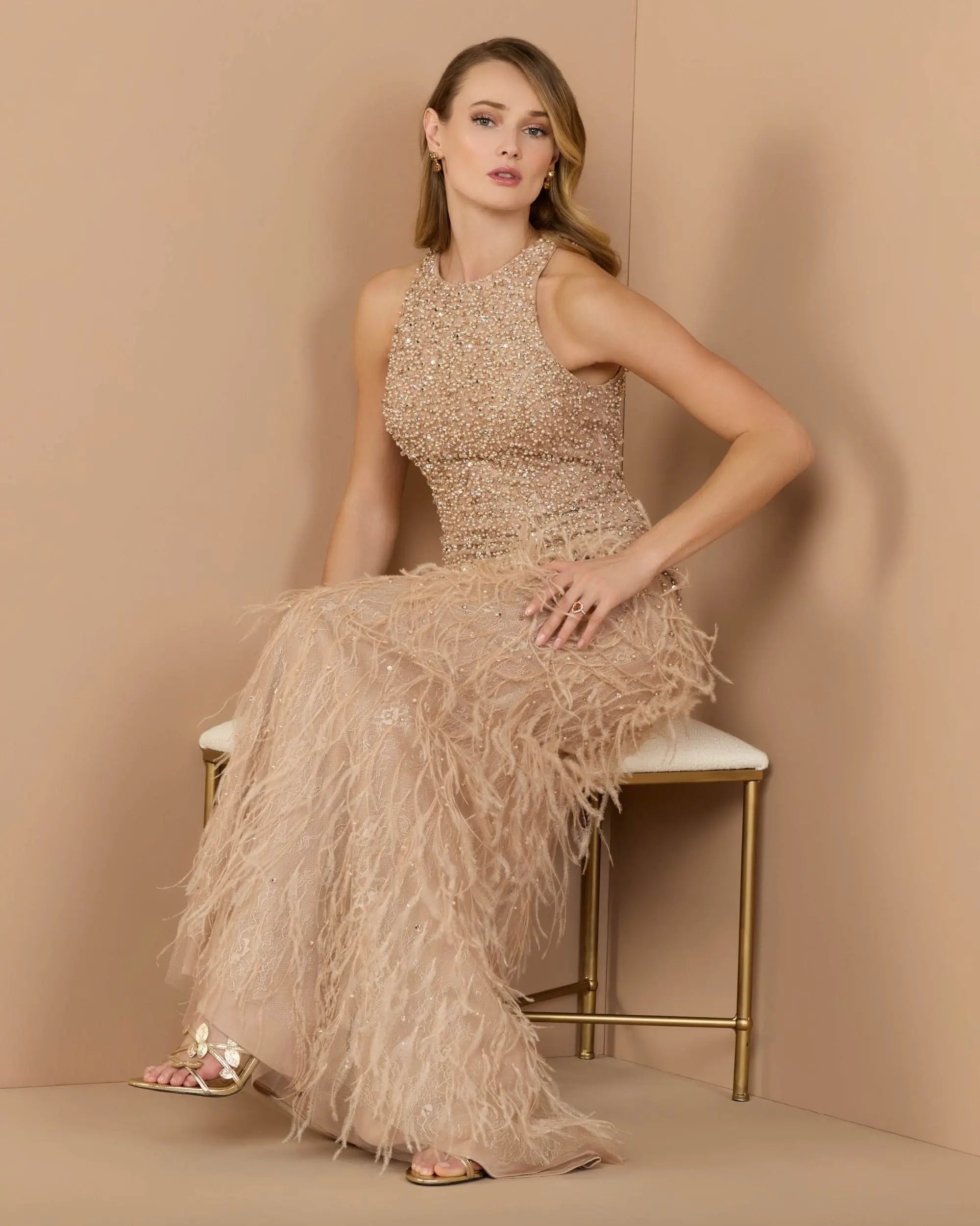 Beige Embellished Lace Sleeveless Feather Gown - Image 2