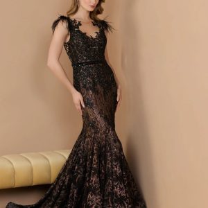 Black Embellished Lace High Neck Gown With Feather Sleeves