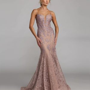 Pink Embroidered Lace Sleeveless Mermaid Gown