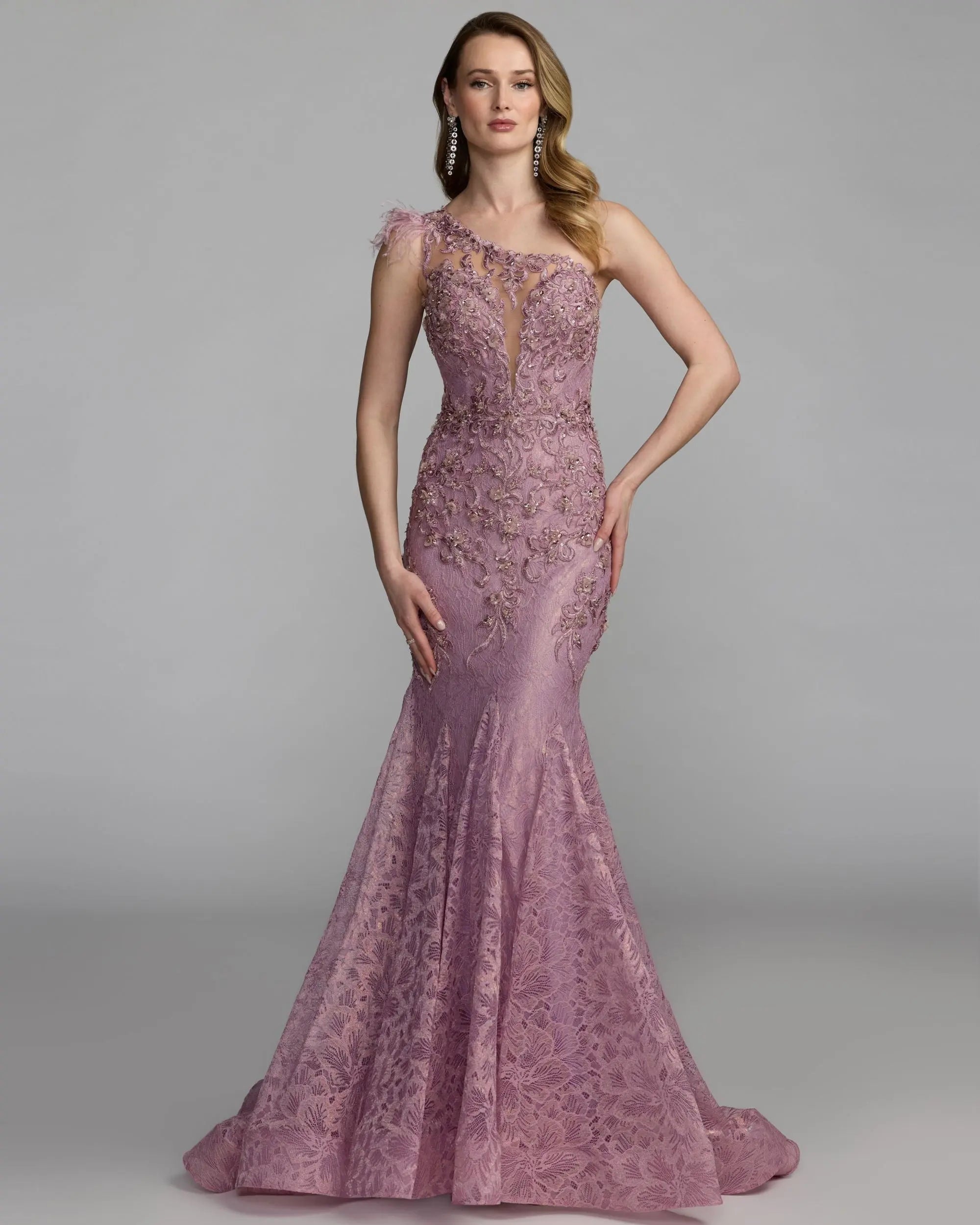 Pink Embellished Lace One Shoulder Gown With Feather Detail - Image 4