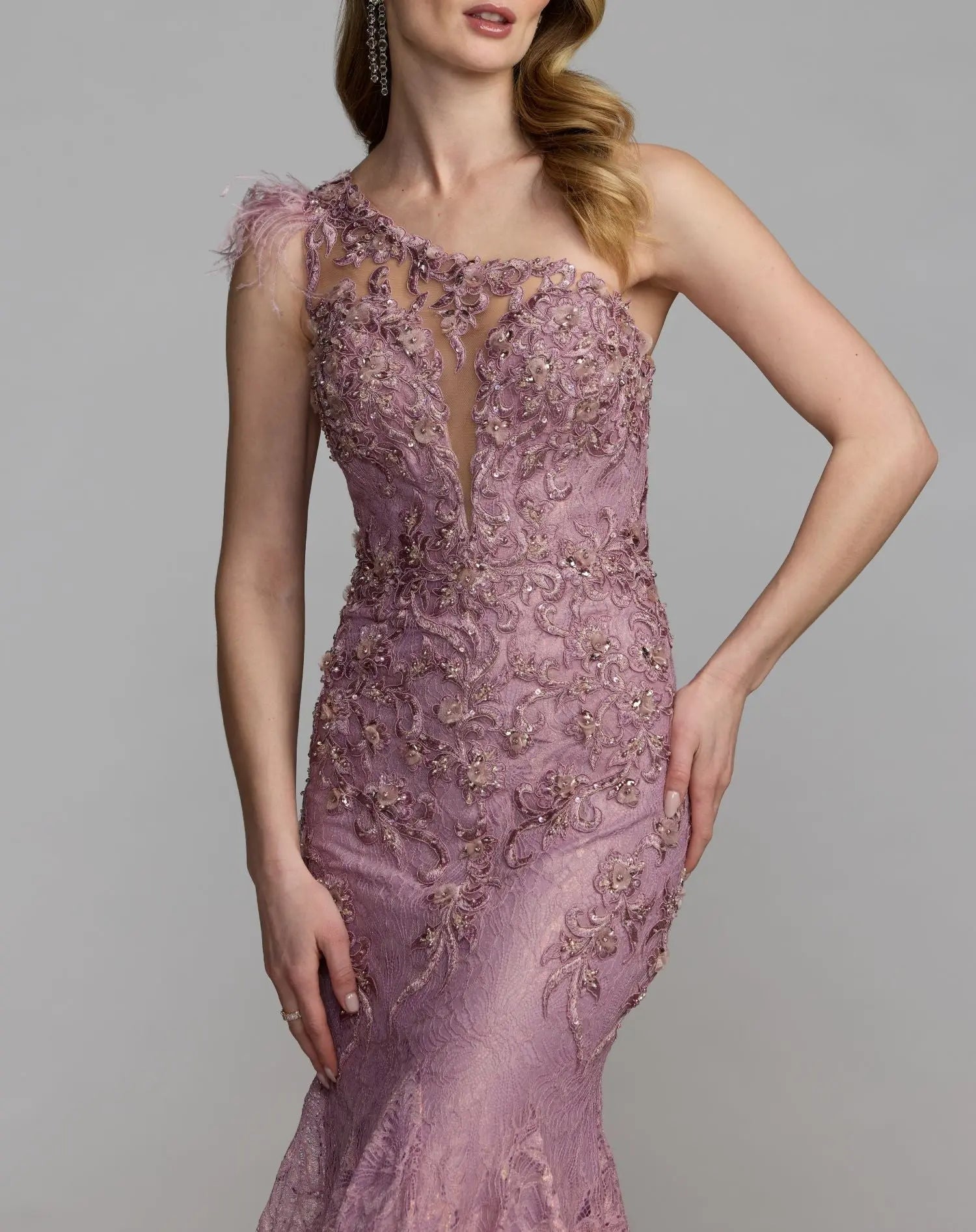 Pink Embellished Lace One Shoulder Gown With Feather Detail - Image 5