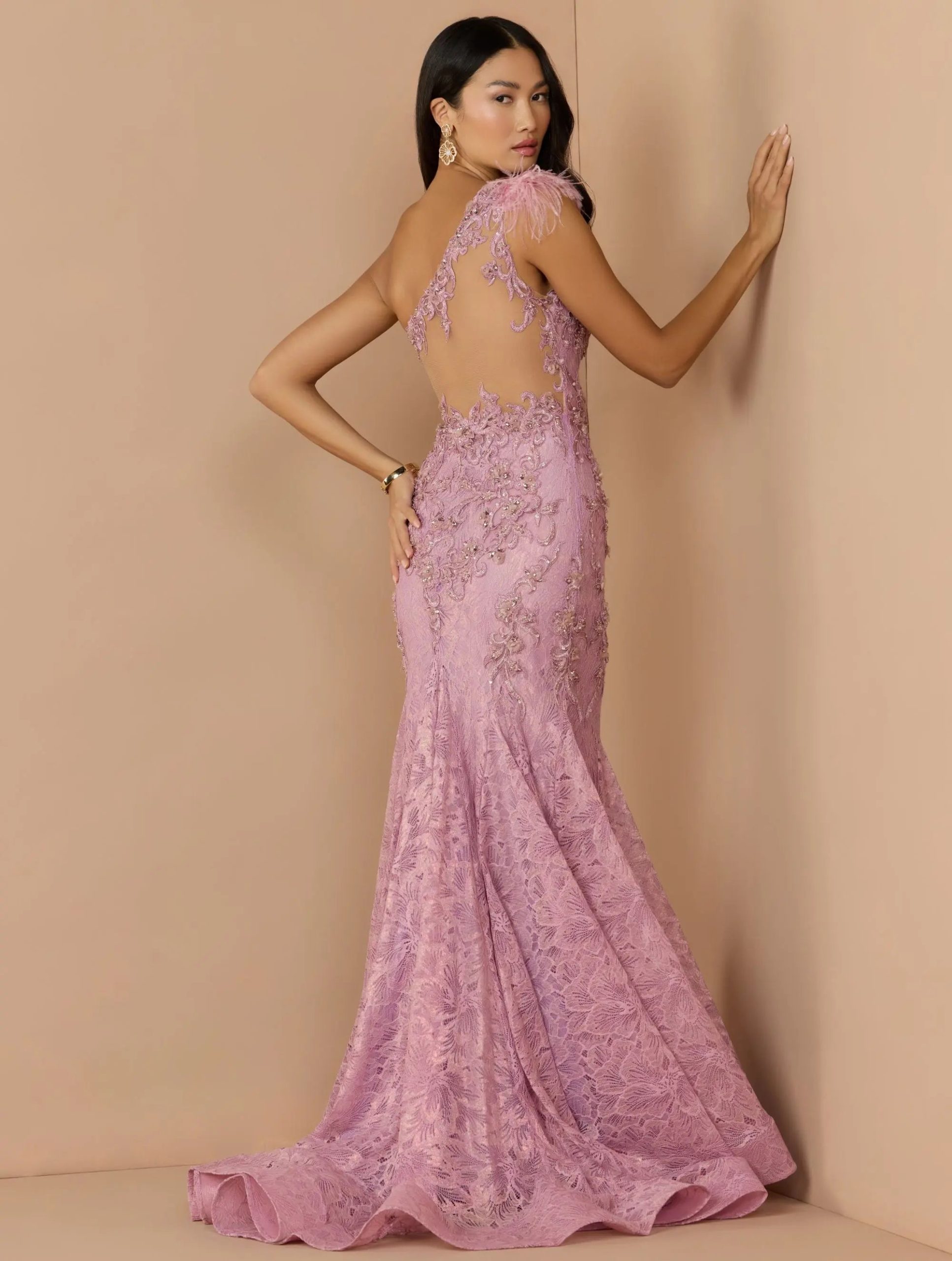 Pink Embellished Lace One Shoulder Gown With Feather Detail - Image 2