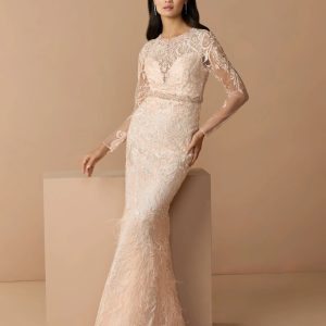 Pink Embroidered Long Sleeve Gown With Feather Hem