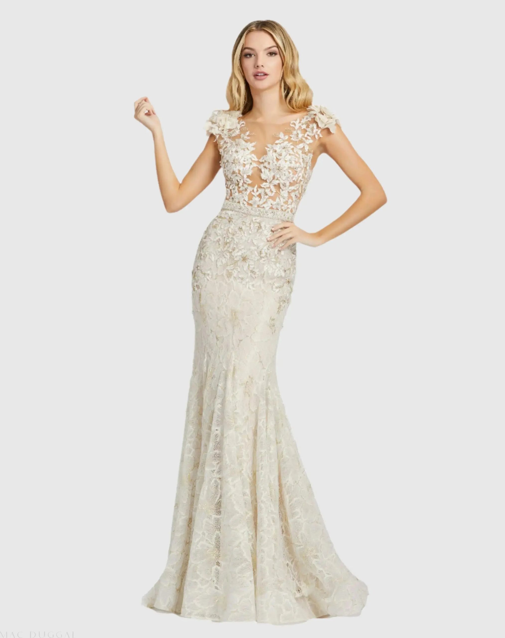 High Neck Shoulder Flower Detail Mermaid Gown - Image 2