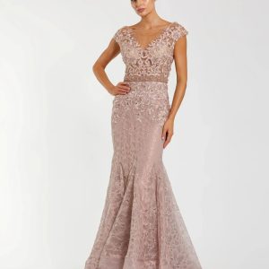 Pink High Neck Shoulder Flower Detail Mermaid Gown
