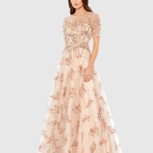 Pink Embellished Illusion Short Sleeve A Line Gown
