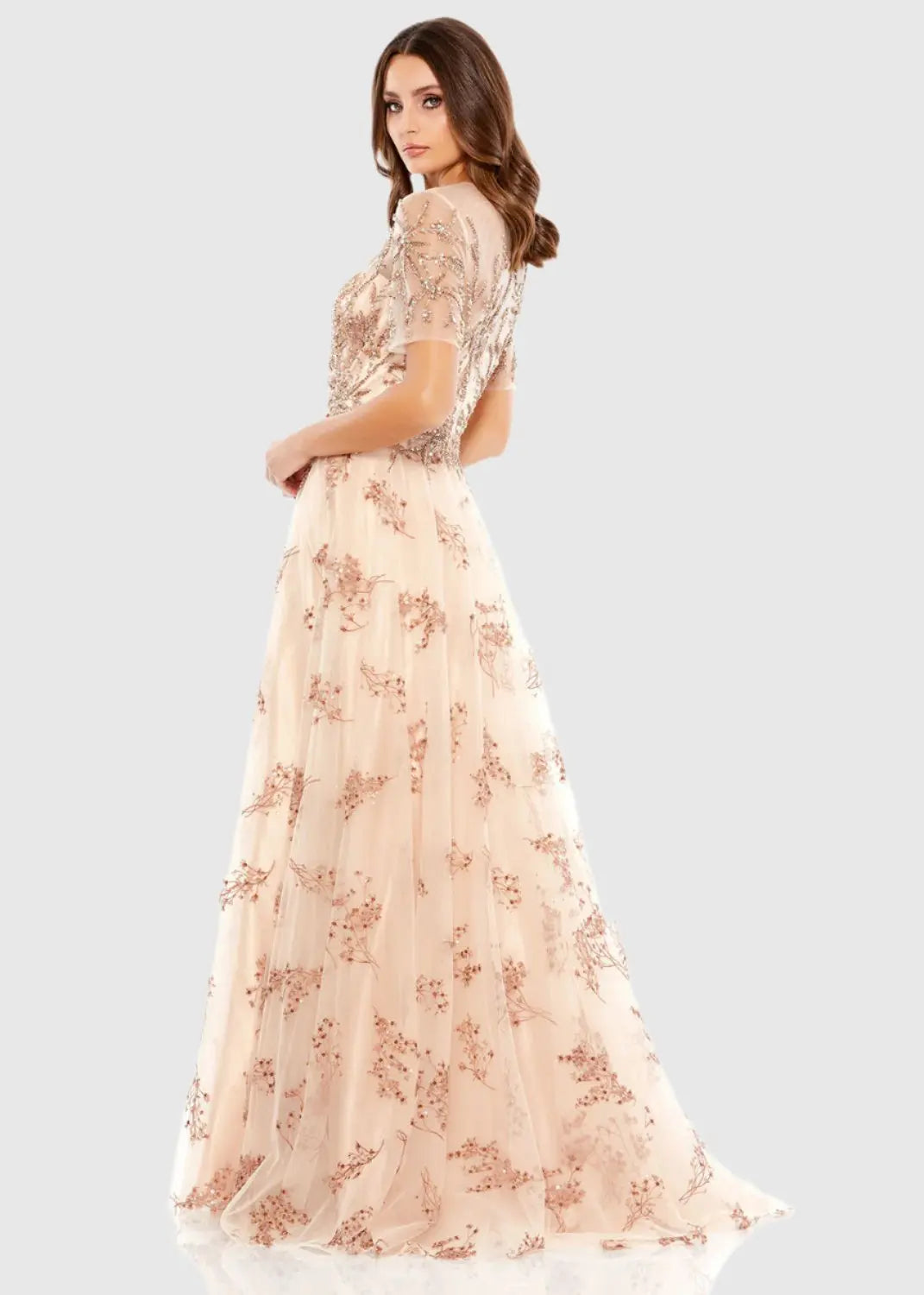 Pink Embellished Illusion Short Sleeve A Line Gown - Image 3