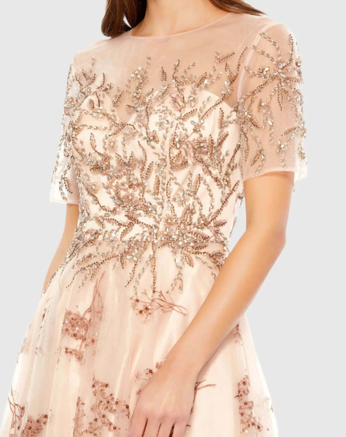 Pink Embellished Illusion Short Sleeve A Line Gown - Image 2