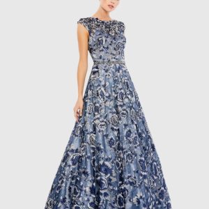 Blue Embellished Cap Sleeve High Neck Ball Gown