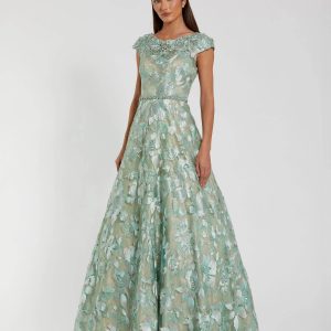 Green Embellished Cap Sleeve High Neck A-Line Ball Gown