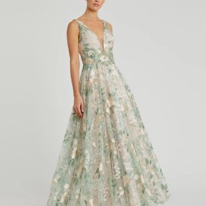 Multicolor Floral Embroidered Illusion V-Neck Gown