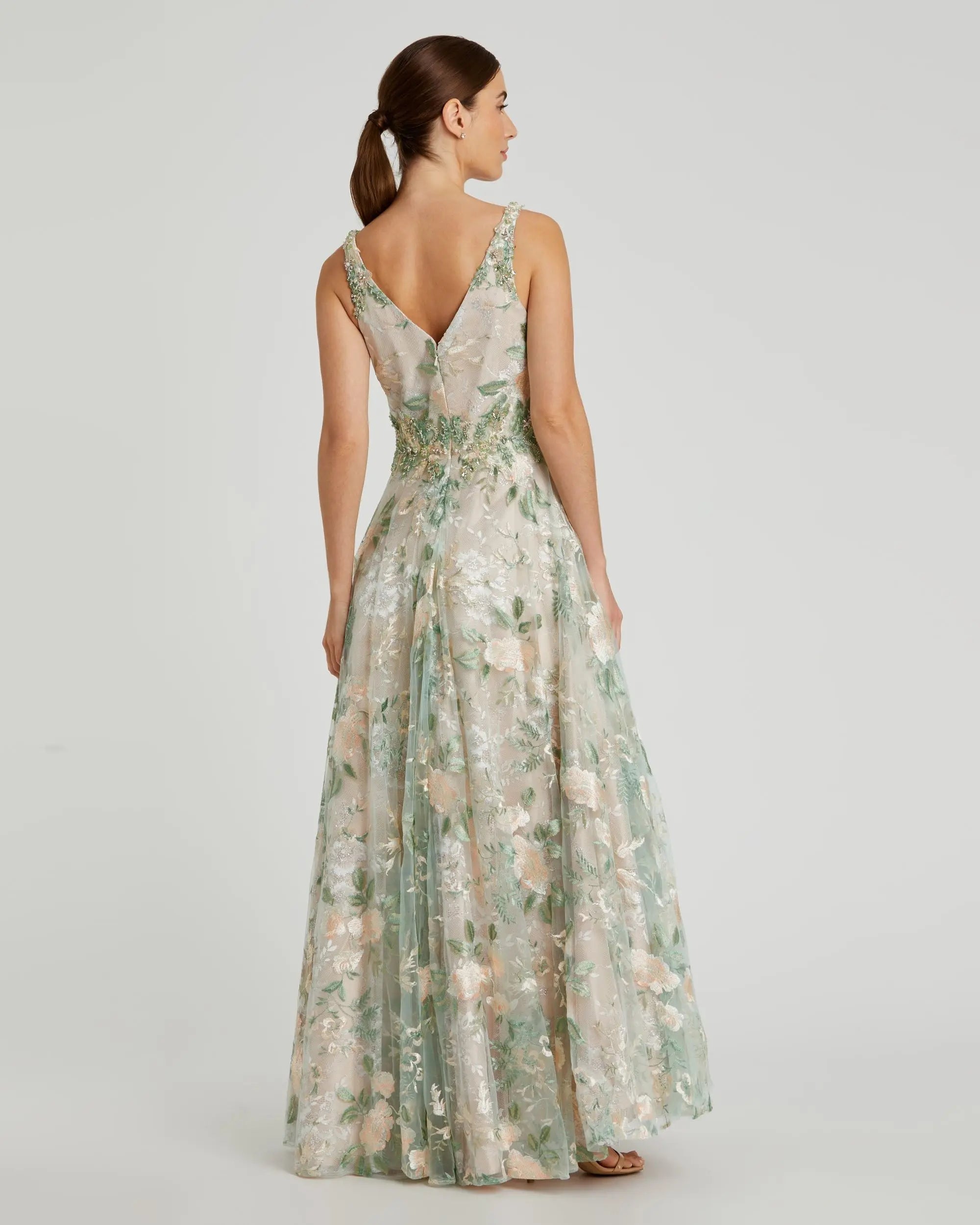 Multicolor Floral Embroidered Illusion V-Neck Gown - Image 3