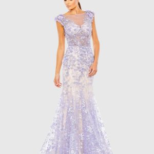 Purple Embellished Cap Sleeve Illusion Neck Trumpet Gown - FINAL SALE