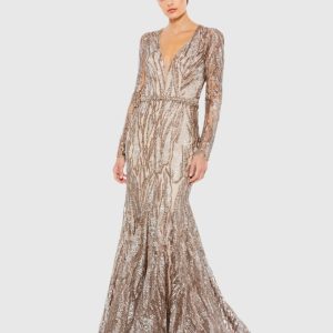 Beige Embellished Long Sleeve Plunge Neck Trumpet Gown