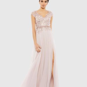 Pink Embellished Cap Sleeve Bodice Flowy Gown