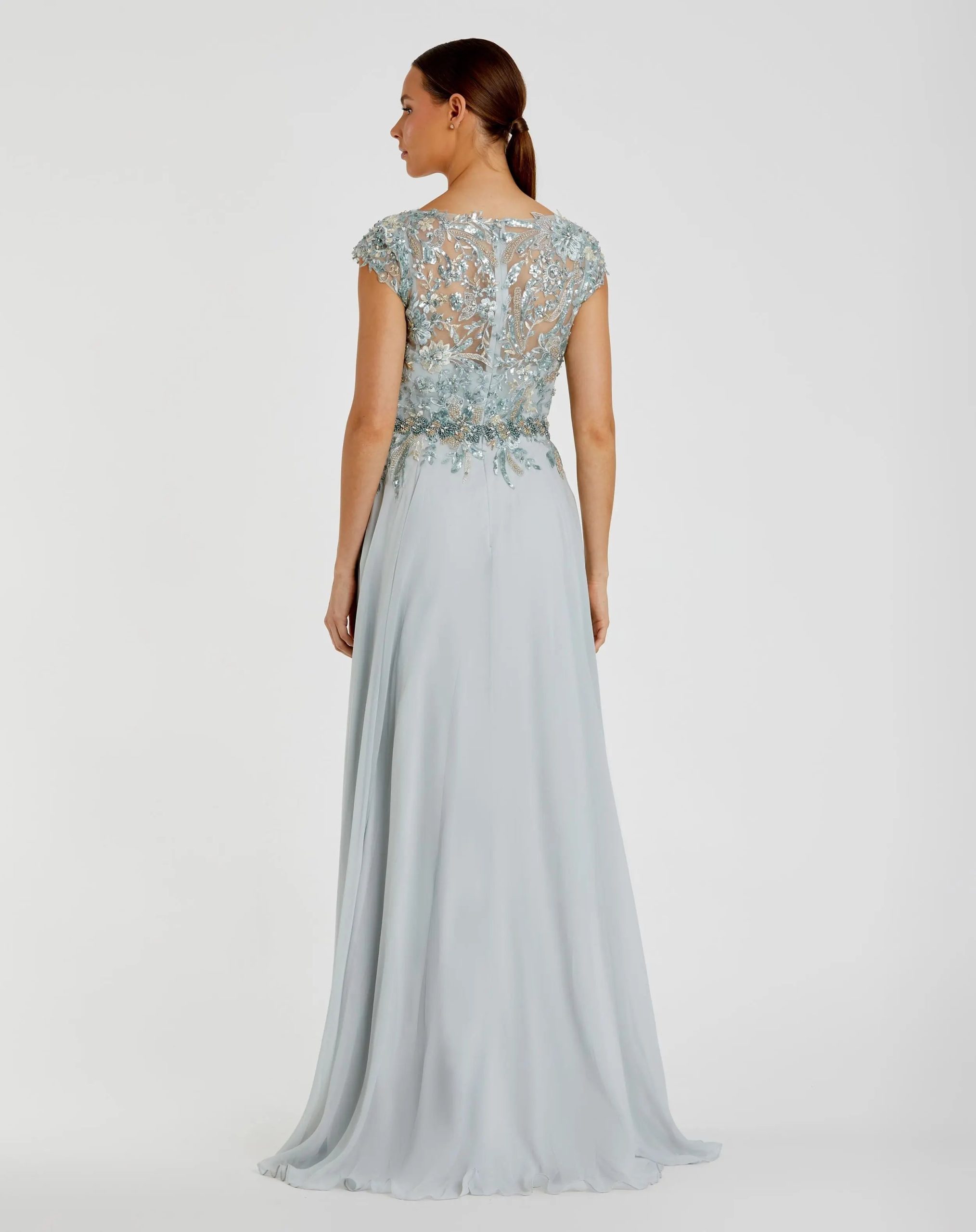Blue Embellished Chiffon Cap Sleeve A-Line Gown - Image 3