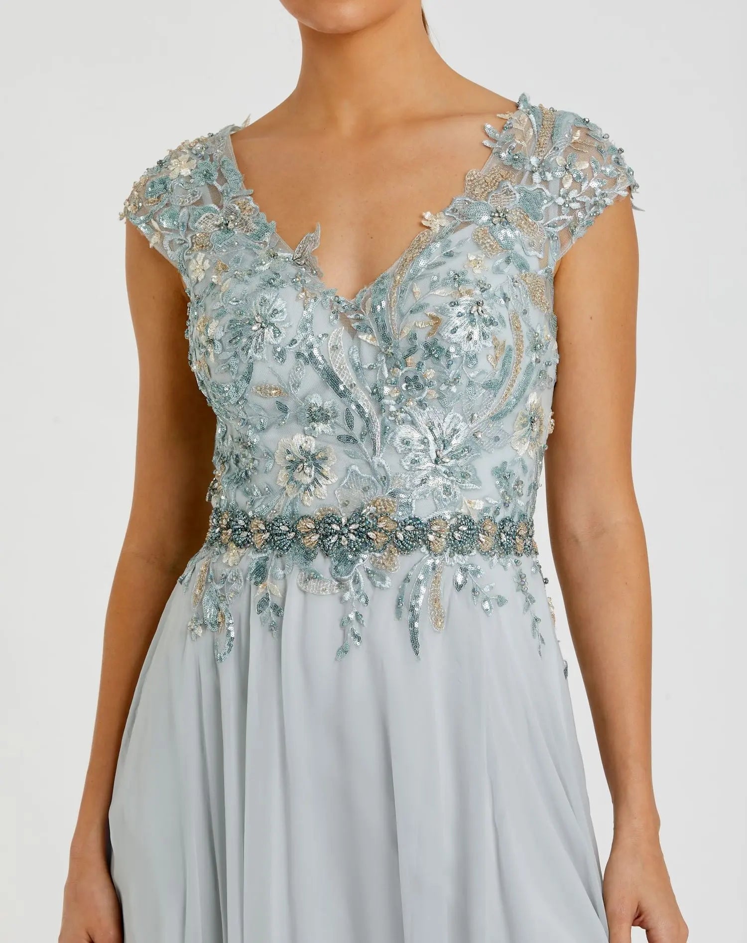 Blue Embellished Chiffon Cap Sleeve A-Line Gown - Image 2