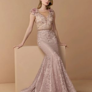 Pink Embellished Lace Illusion Neck Gown With 3D Flowers