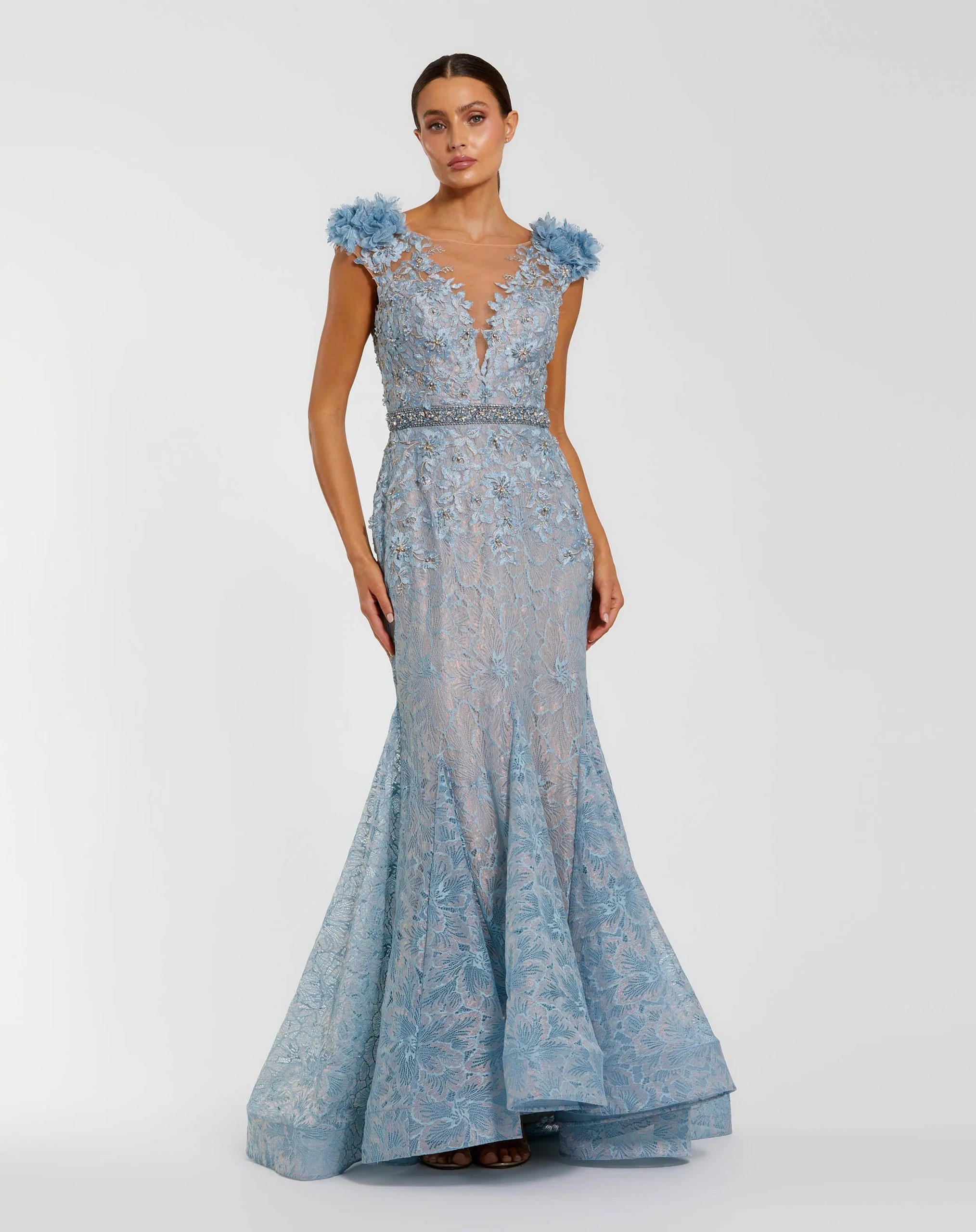 Blue Embellished Lace Illusion Neck Gown With 3D Flowers - Image 4