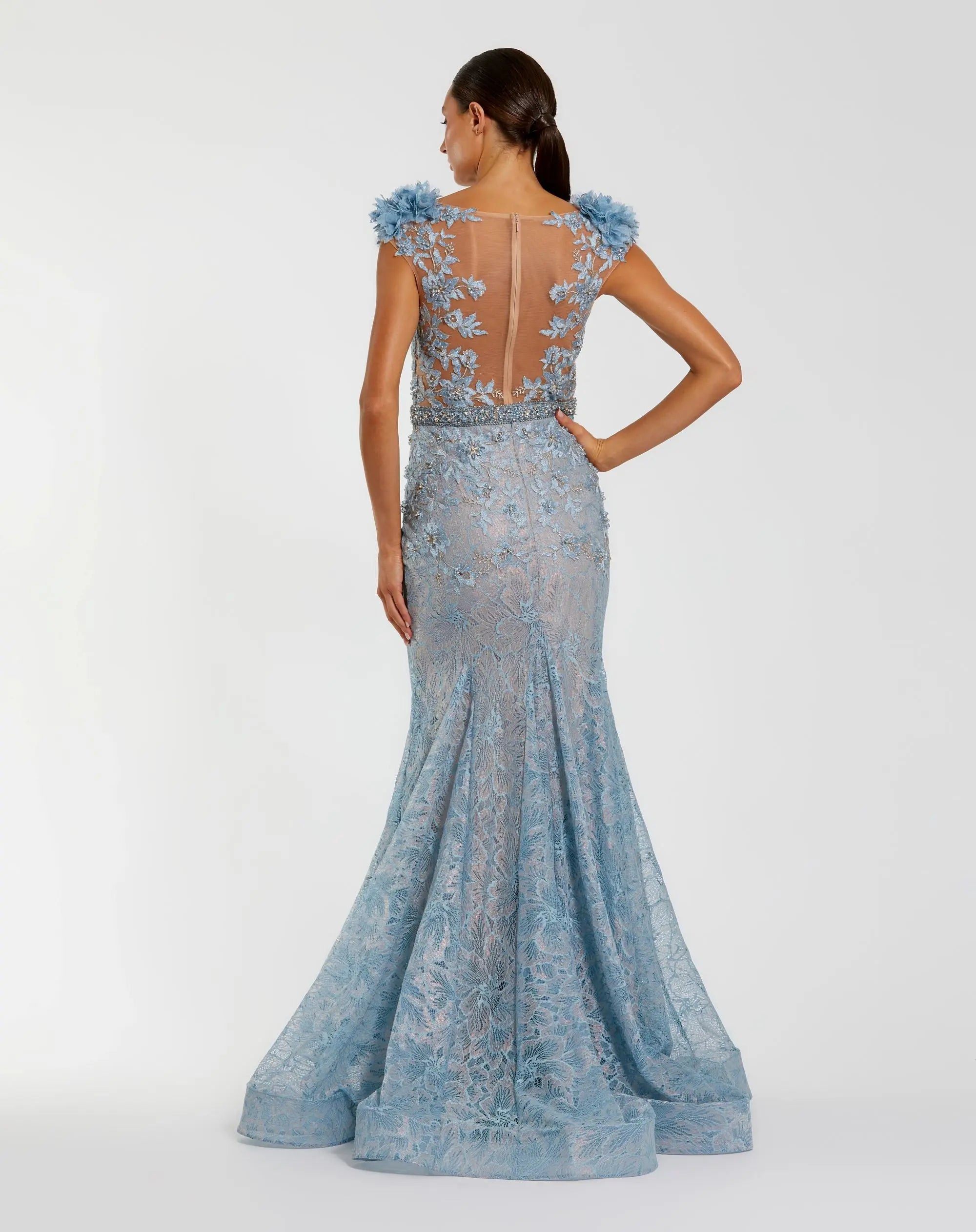 Blue Embellished Lace Illusion Neck Gown With 3D Flowers - Image 6