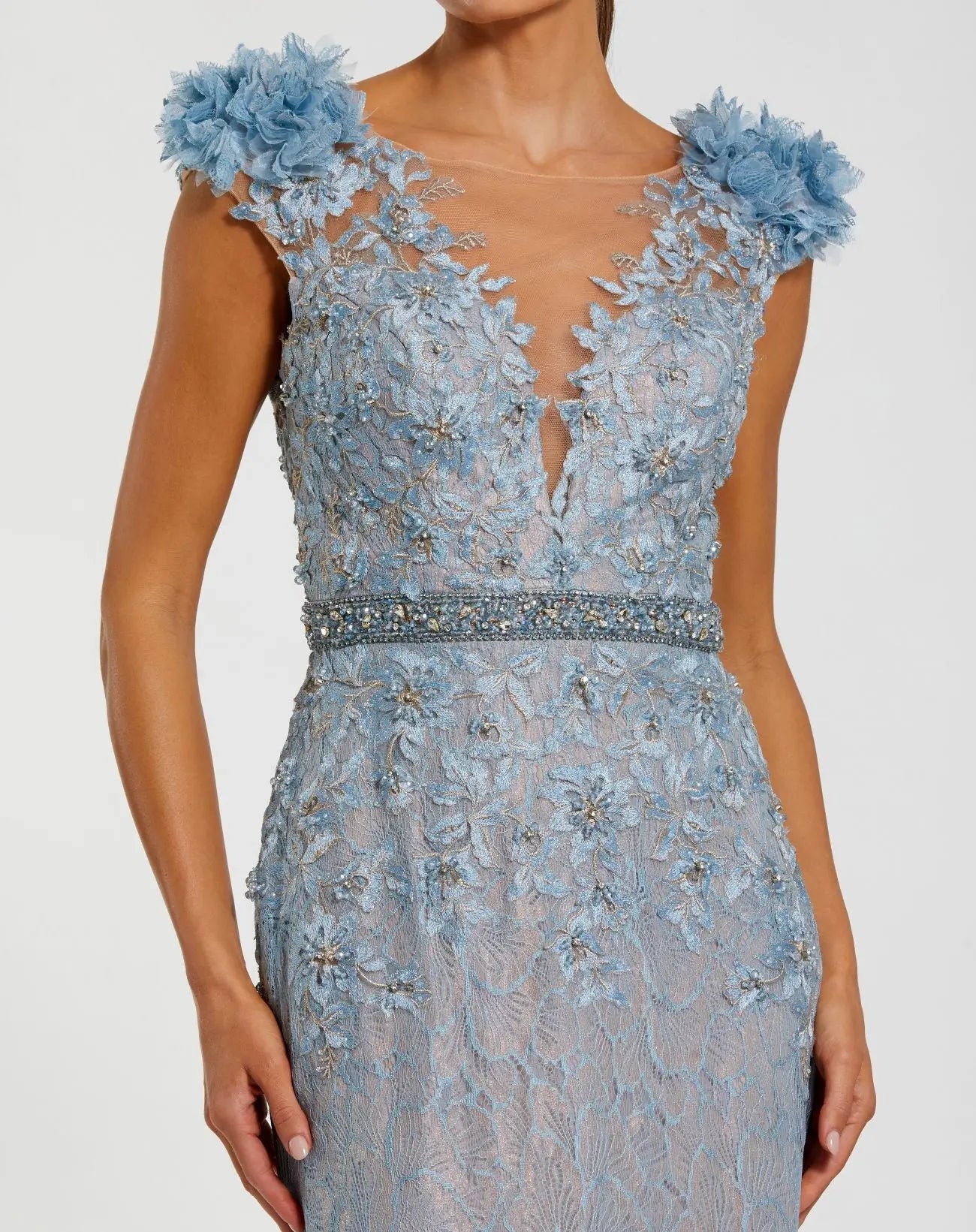 Blue Embellished Lace Illusion Neck Gown With 3D Flowers - Image 5
