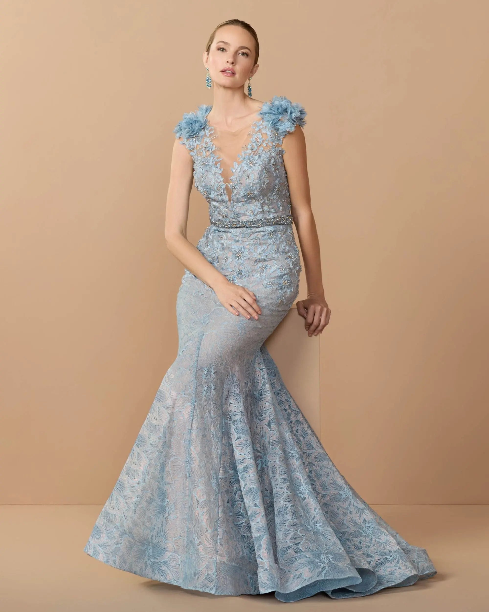 Blue Embellished Lace Illusion Neck Gown With 3D Flowers - Image 3