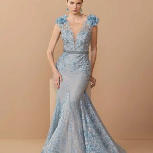 Blue Embellished Lace Illusion Neck Gown With 3D Flowers