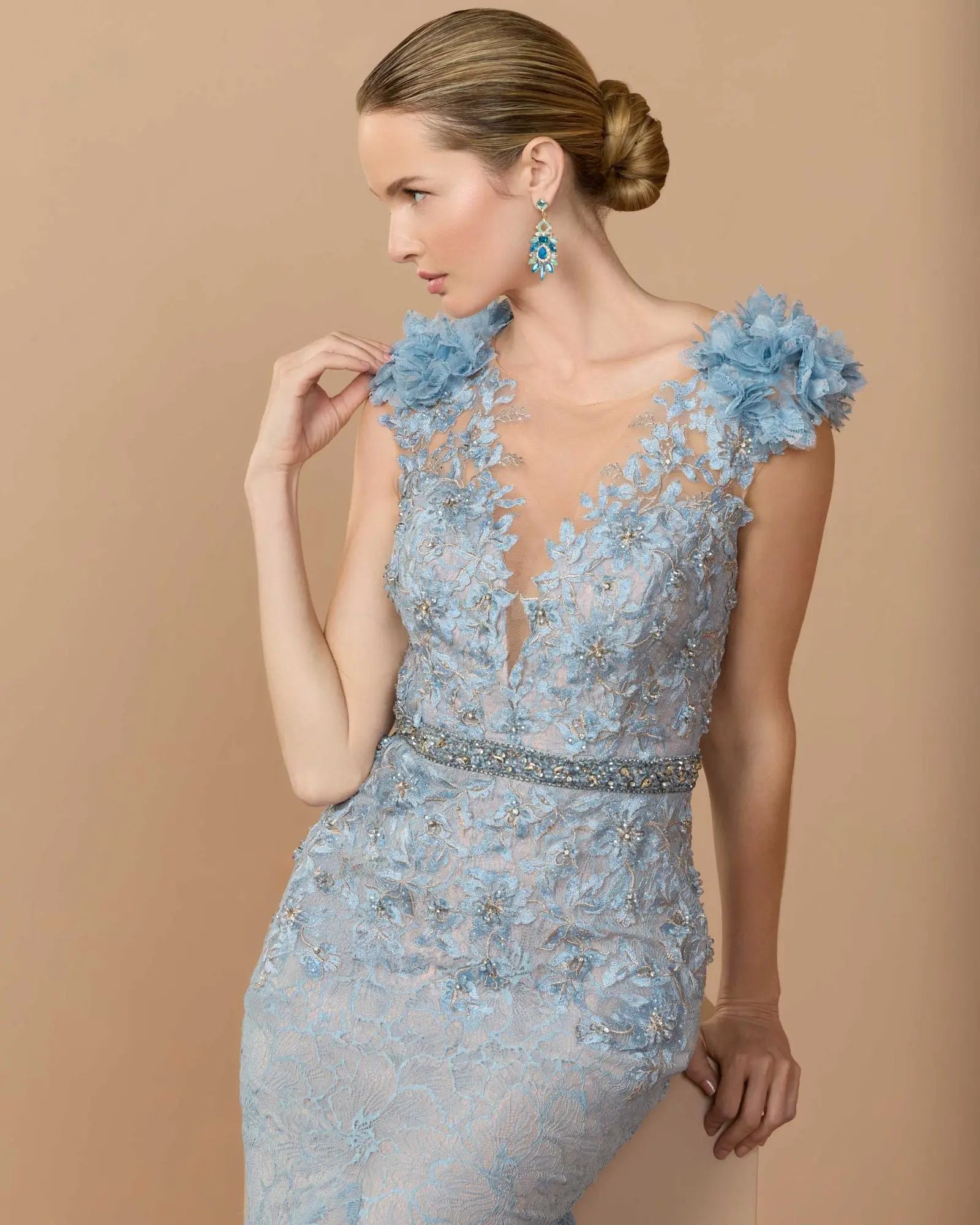 Blue Embellished Lace Illusion Neck Gown With 3D Flowers - Image 2