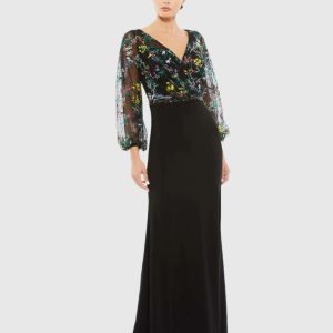 Black Embroidered Illusion Puff Sleeve Gown