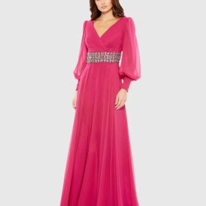 Bishop Sleeve Wrap Over Belt Detail Flowy Gown