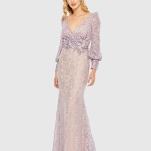 Lace Long Sleeve V Neck Embellished Gown