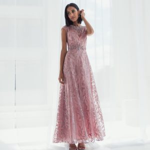 Pink Embroidered Cap Sleeve A Line Gown