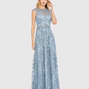 Blue Embroidered Cap Sleeve A Line Gown