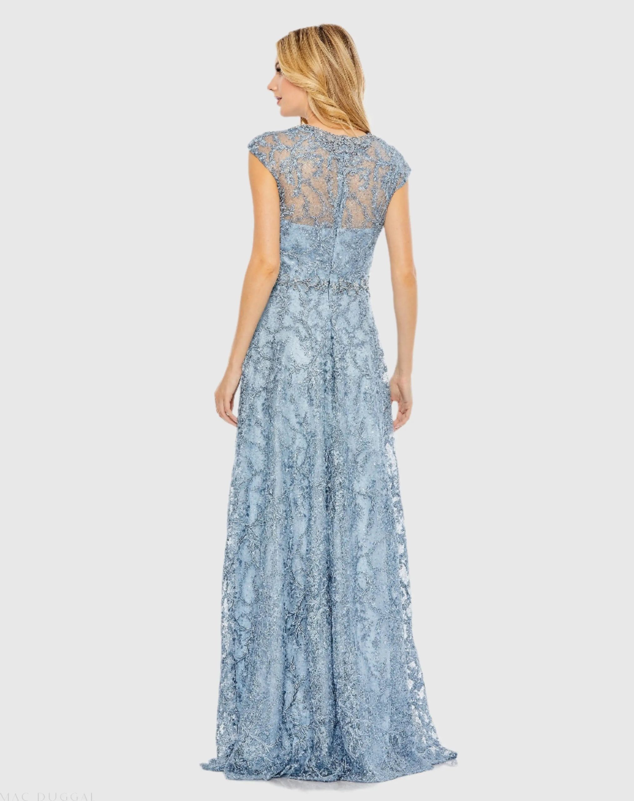 Blue Embroidered Cap Sleeve A Line Gown - Image 3