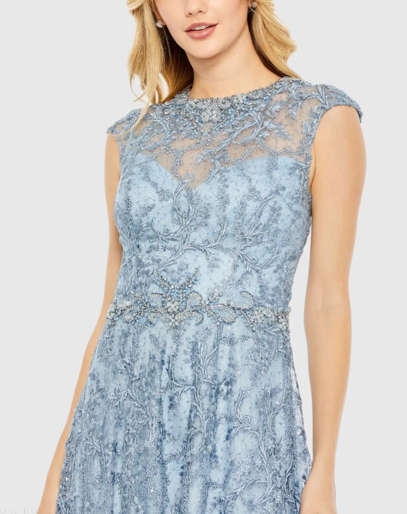 Blue Embroidered Cap Sleeve A Line Gown - Image 2