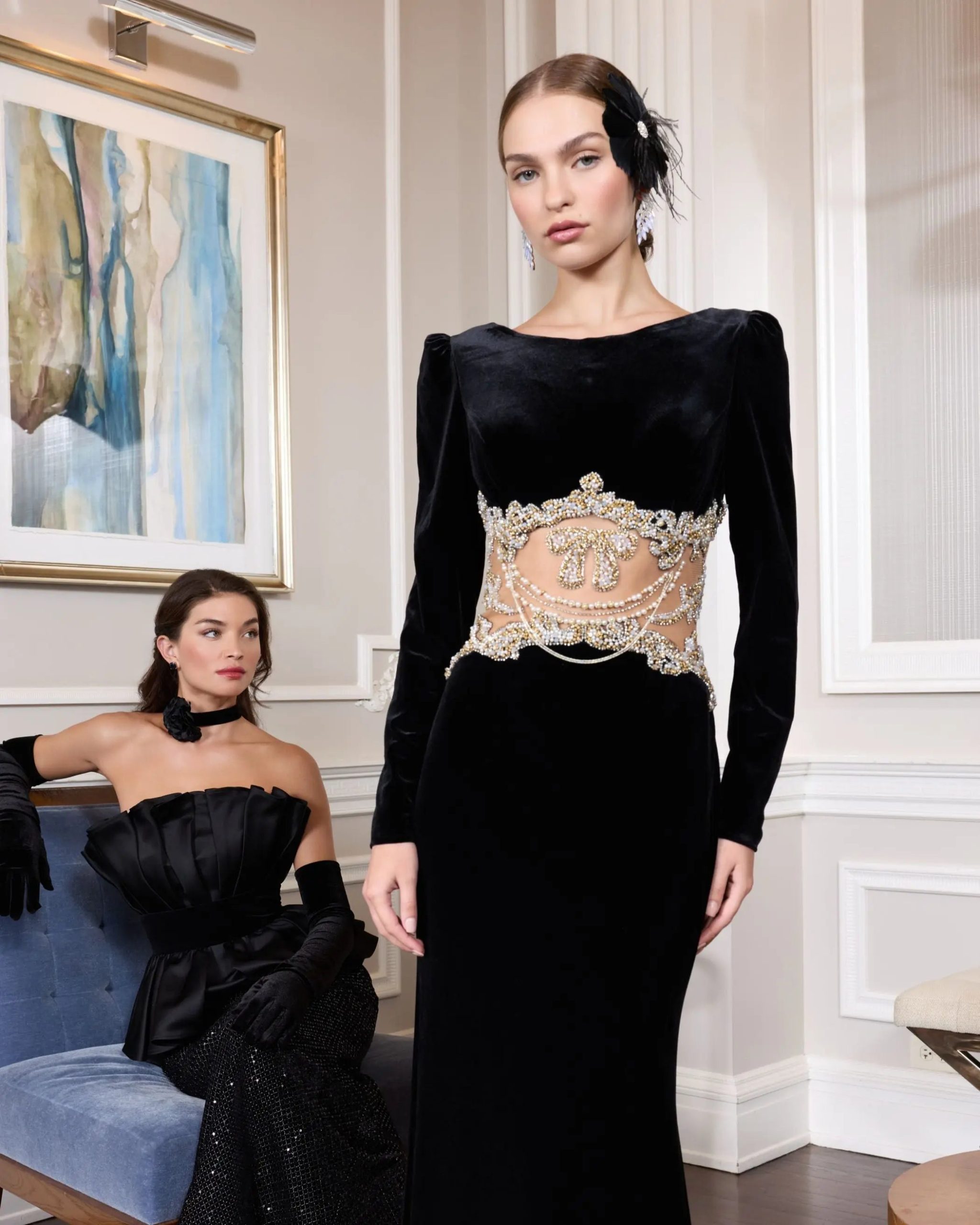 Black Long Sleeve Sheer Embellished Velvet Gown - Image 5