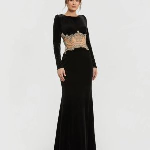 Black Long Sleeve Sheer Embellished Velvet Gown