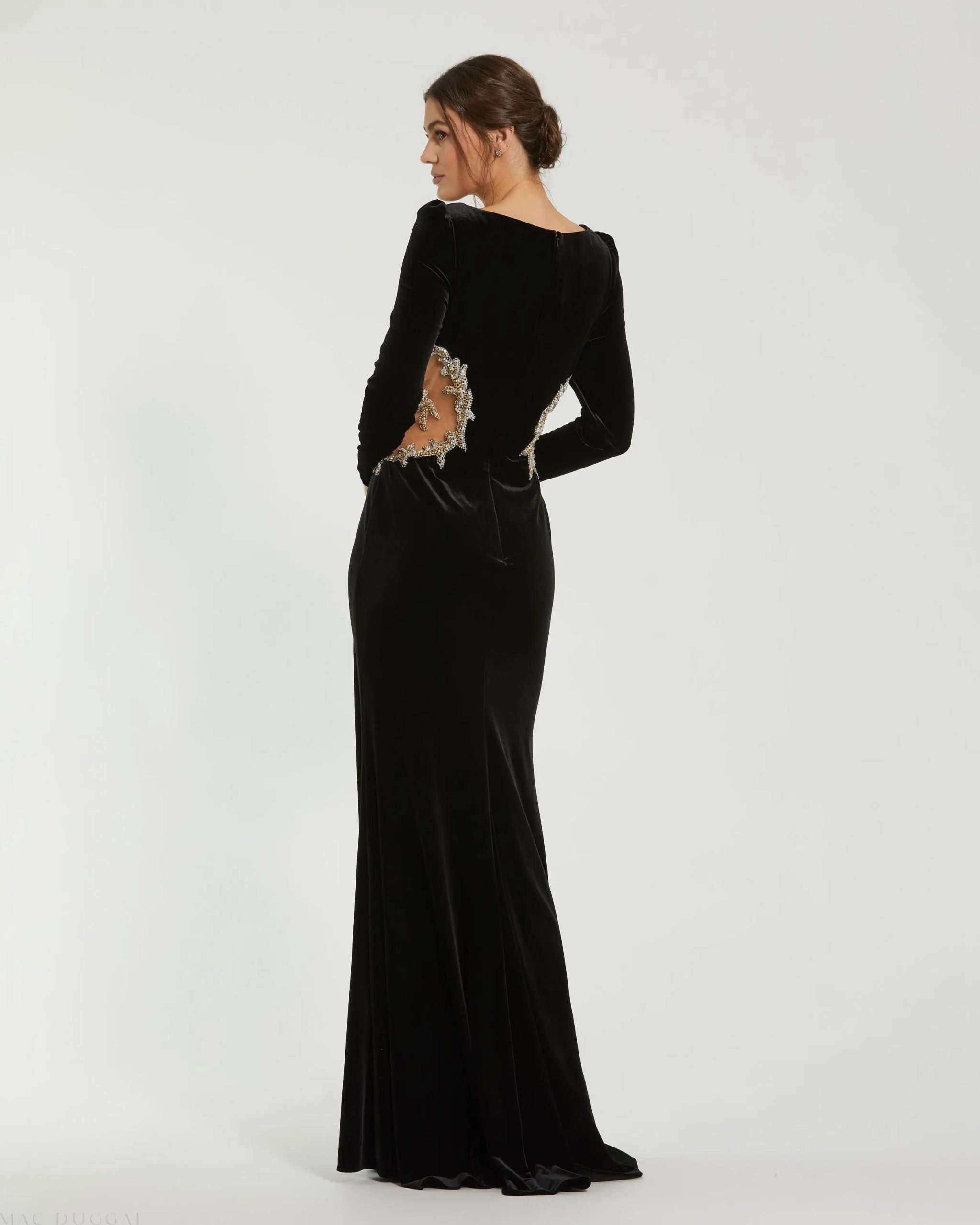 Black Long Sleeve Sheer Embellished Velvet Gown - Image 3