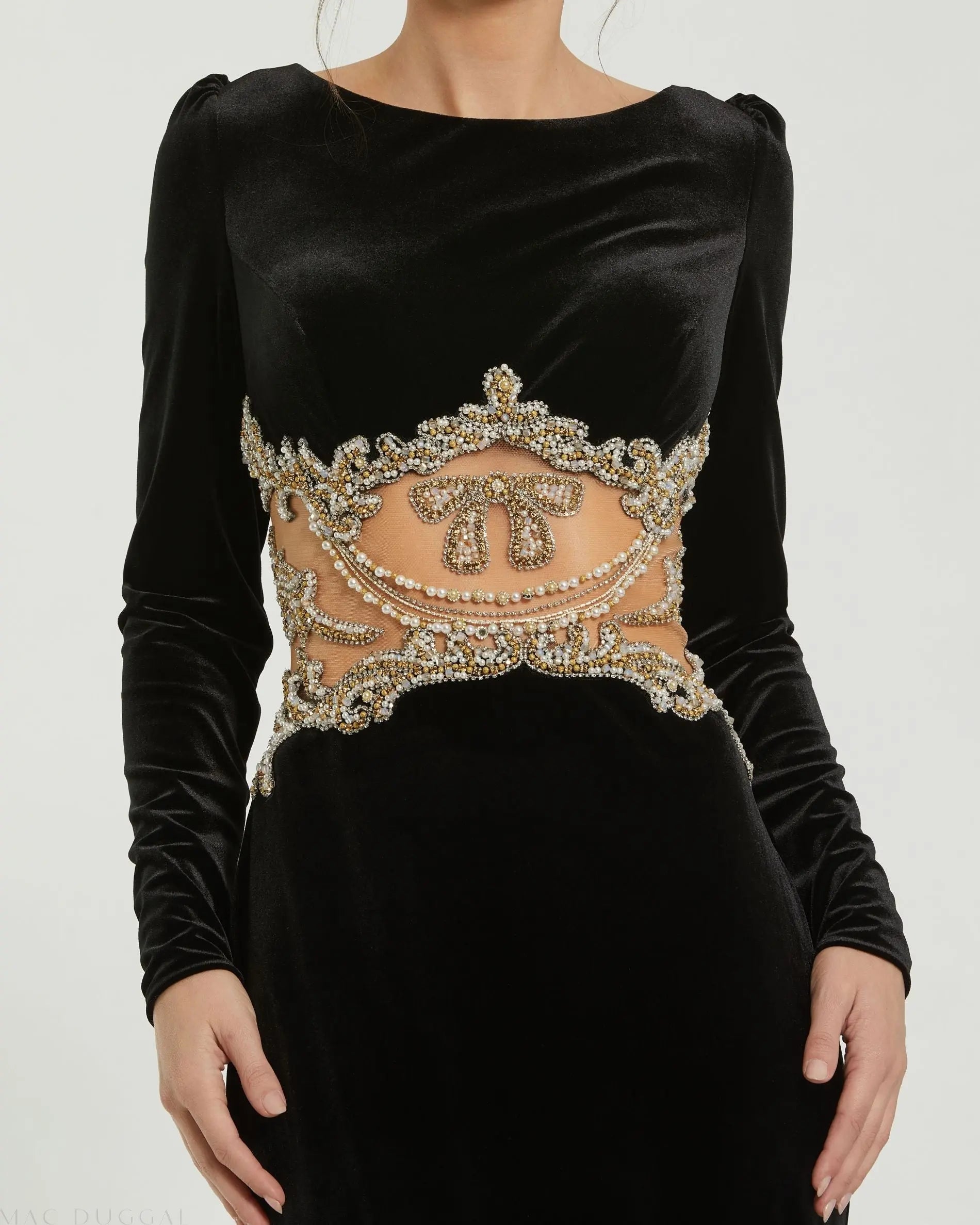 Black Long Sleeve Sheer Embellished Velvet Gown - Image 2
