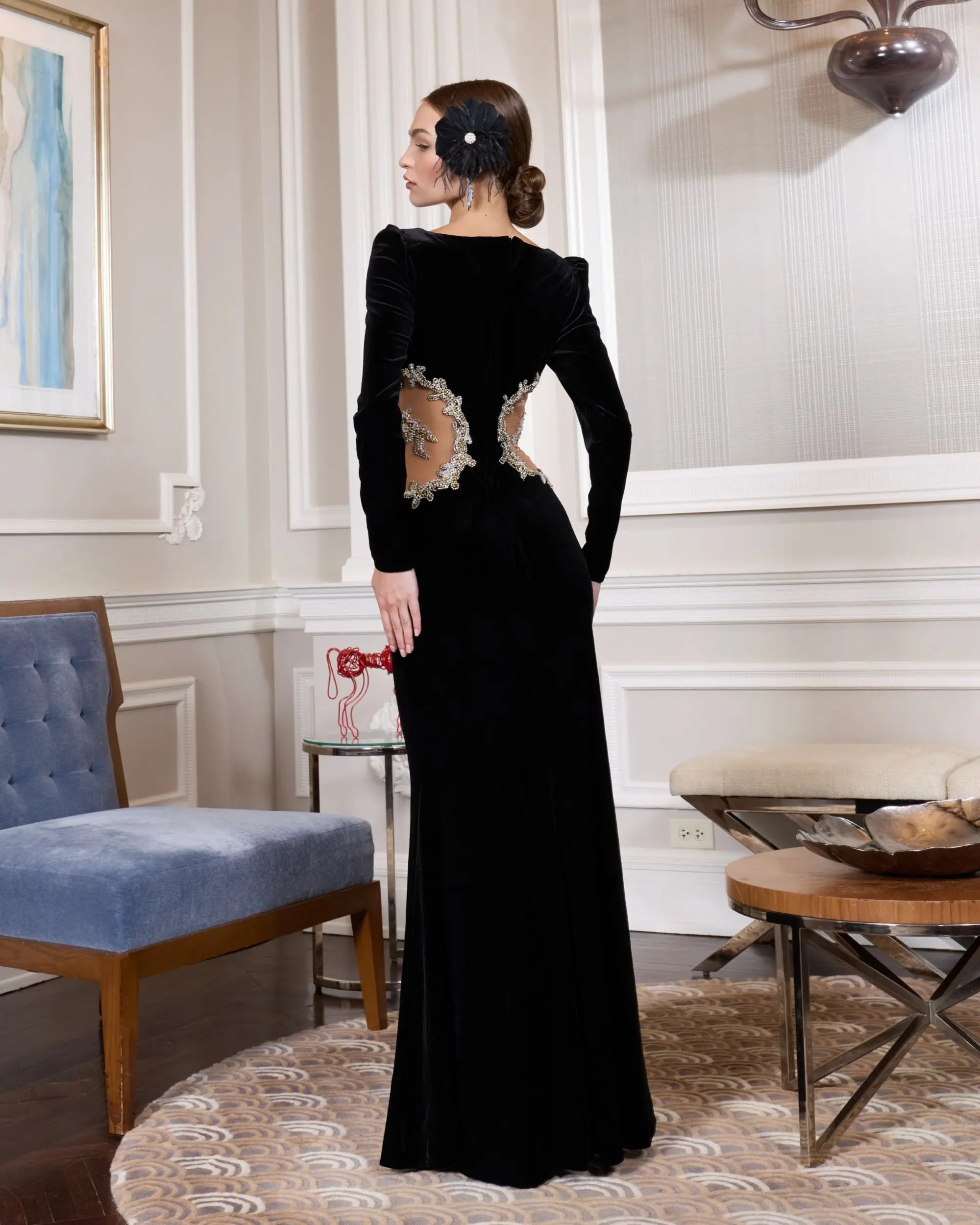 Black Long Sleeve Sheer Embellished Velvet Gown - Image 6