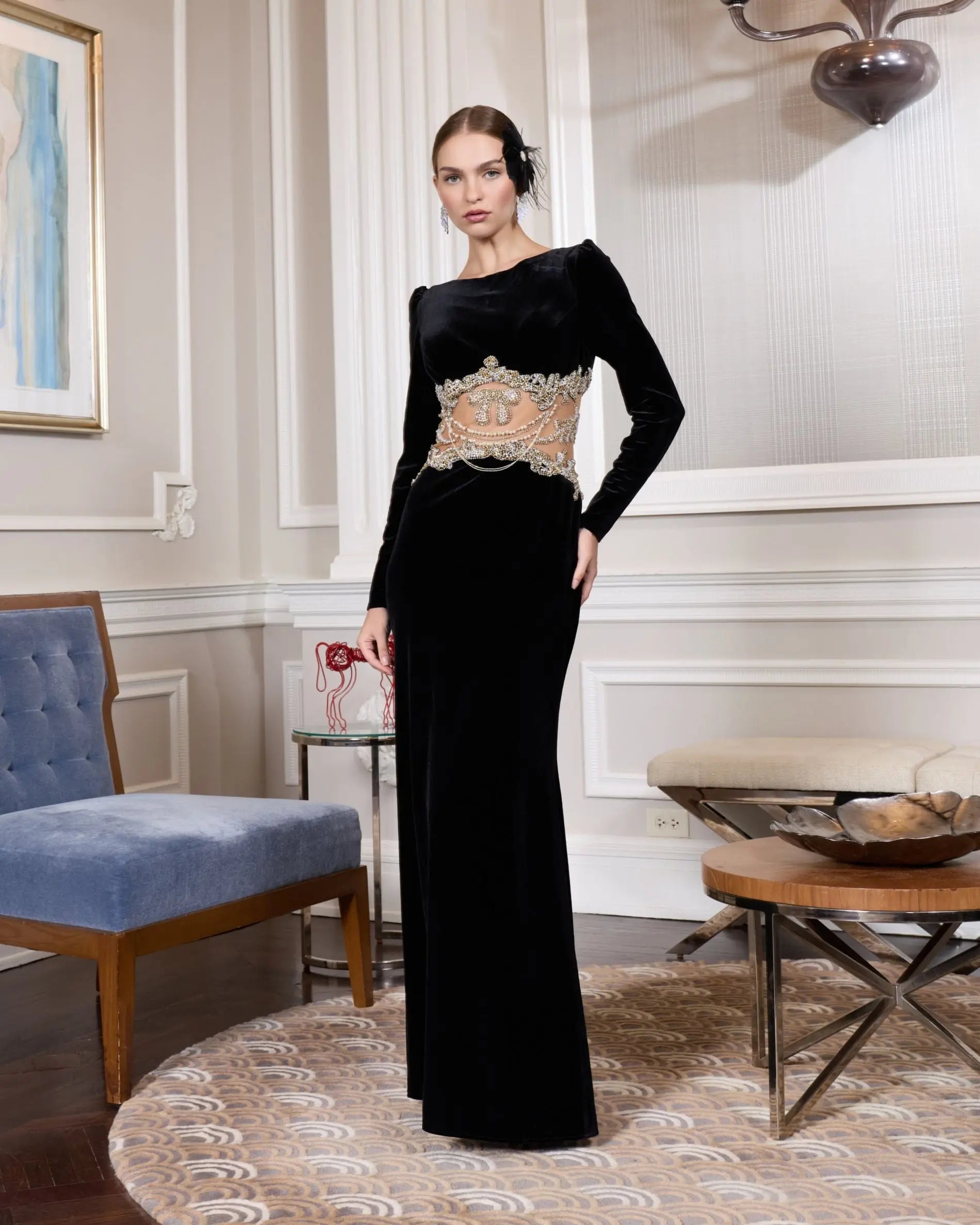 Black Long Sleeve Sheer Embellished Velvet Gown - Image 4