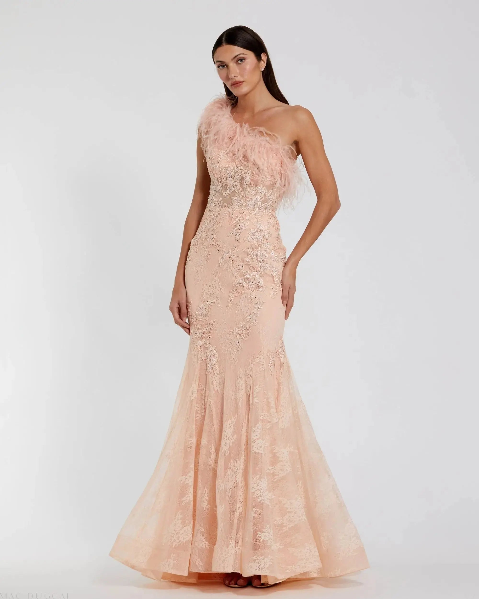 Pink One Shoulder Feather Embellished Mermaid Gown - Image 4