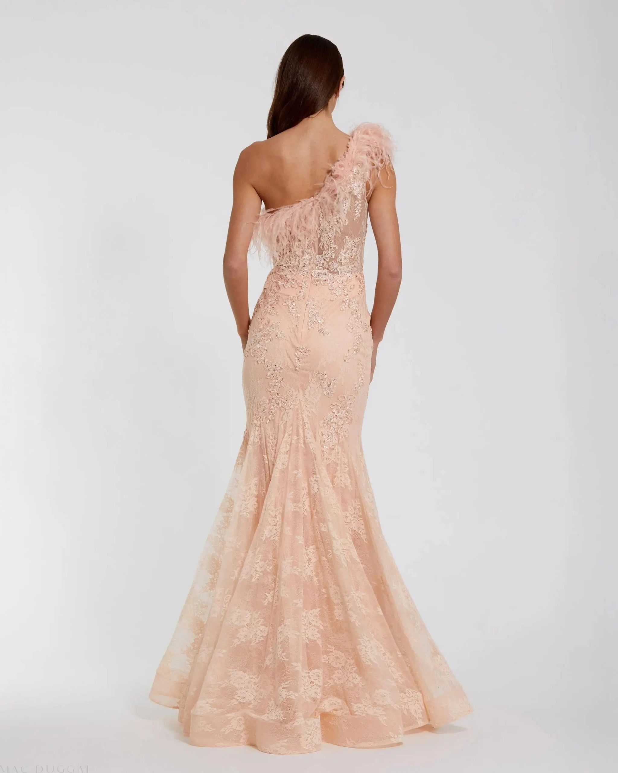 Pink One Shoulder Feather Embellished Mermaid Gown - Image 6