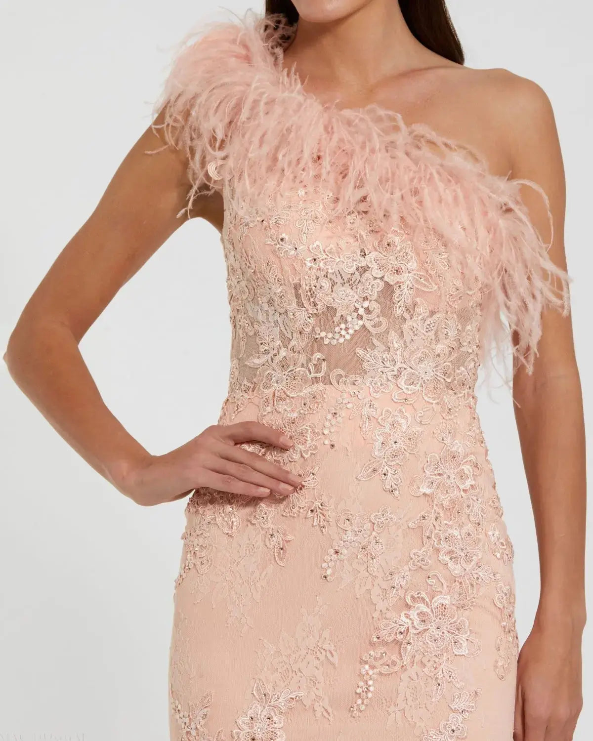 Pink One Shoulder Feather Embellished Mermaid Gown - Image 5